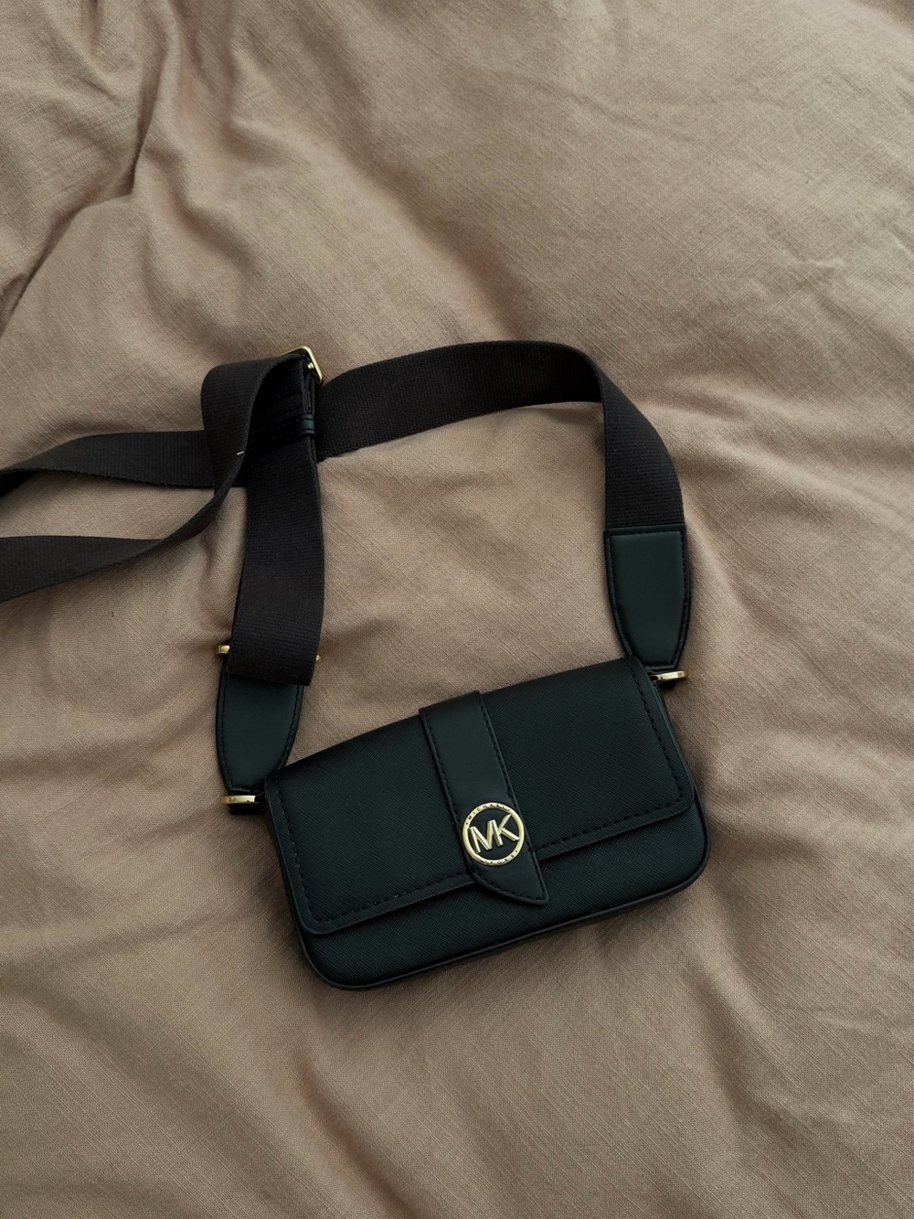 Michael Kors Black Crossbody Bag with Gold MK Emblem